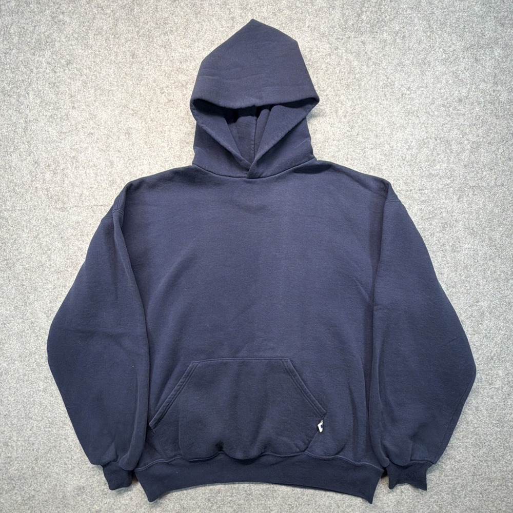 Vintage Russell Athletic Hoodie Mens XL Navy Blue Blank 90s Sweatshirt USA Made